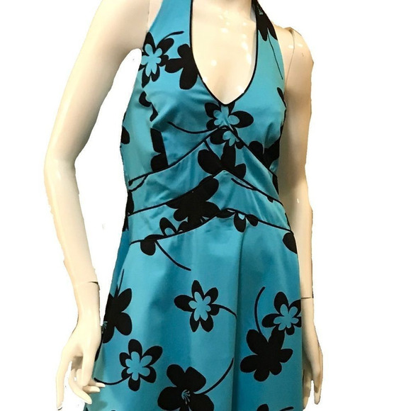 Vintage Y2K Bohemian Floral Halter Sundress Bright Turquoise Dress Size 10 NWT - Picture 4 of 16
